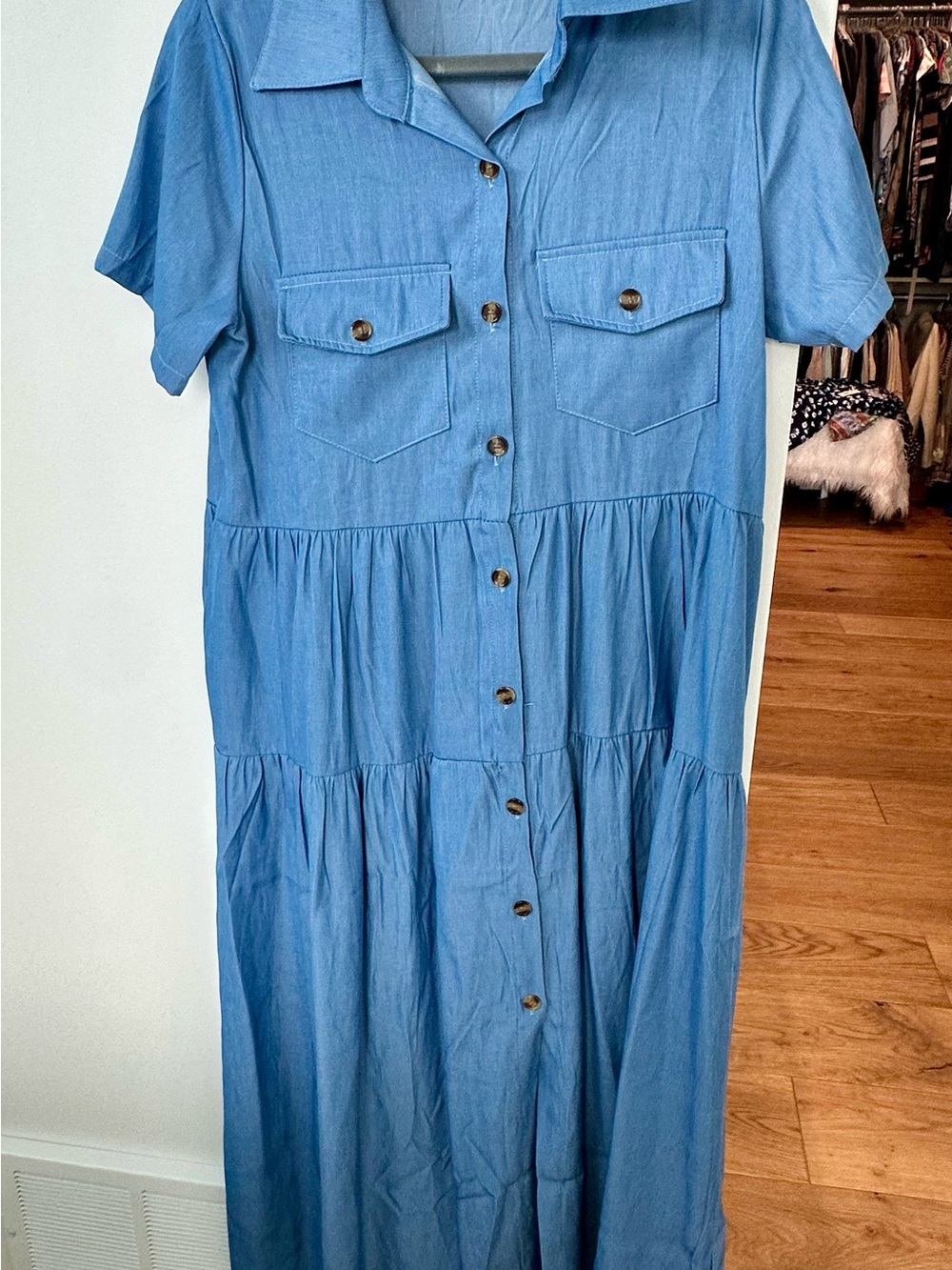Women's Button-Front Blue Chambray Midi Dress